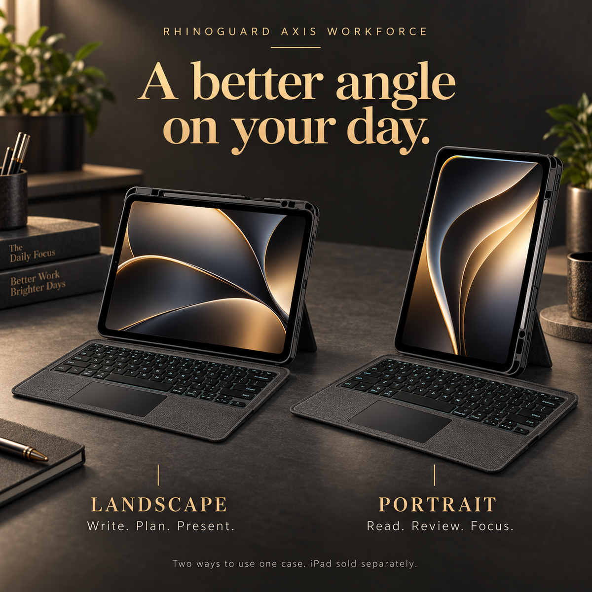 RhinoGuard Axis WorkForce case in landscape and portrait orientations; iPad sold separately
