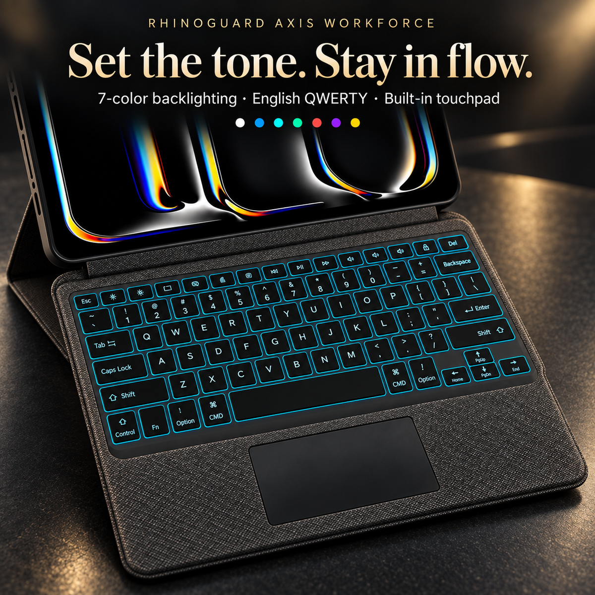Seven-color backlit English QWERTY keyboard and built-in touchpad