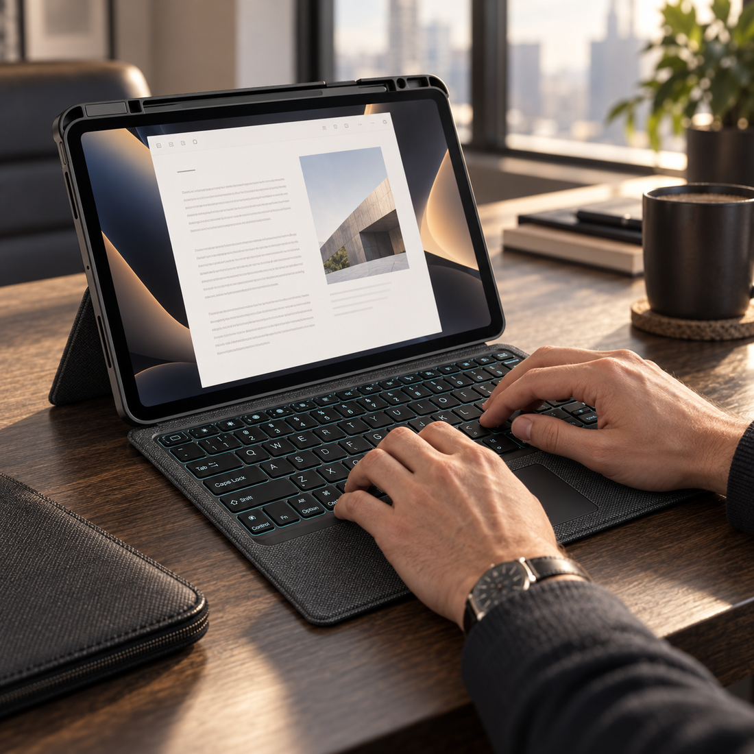RhinoGuard Axis WorkForce iPad keyboard case at an executive desk; iPad sold separately