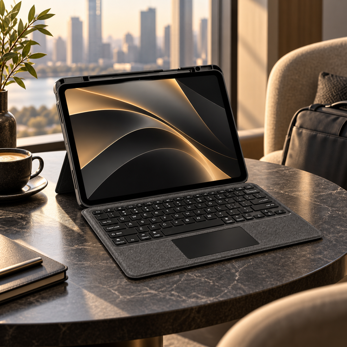Compact RhinoGuard Axis WorkForce iPad workstation in a business lounge; iPad sold separately