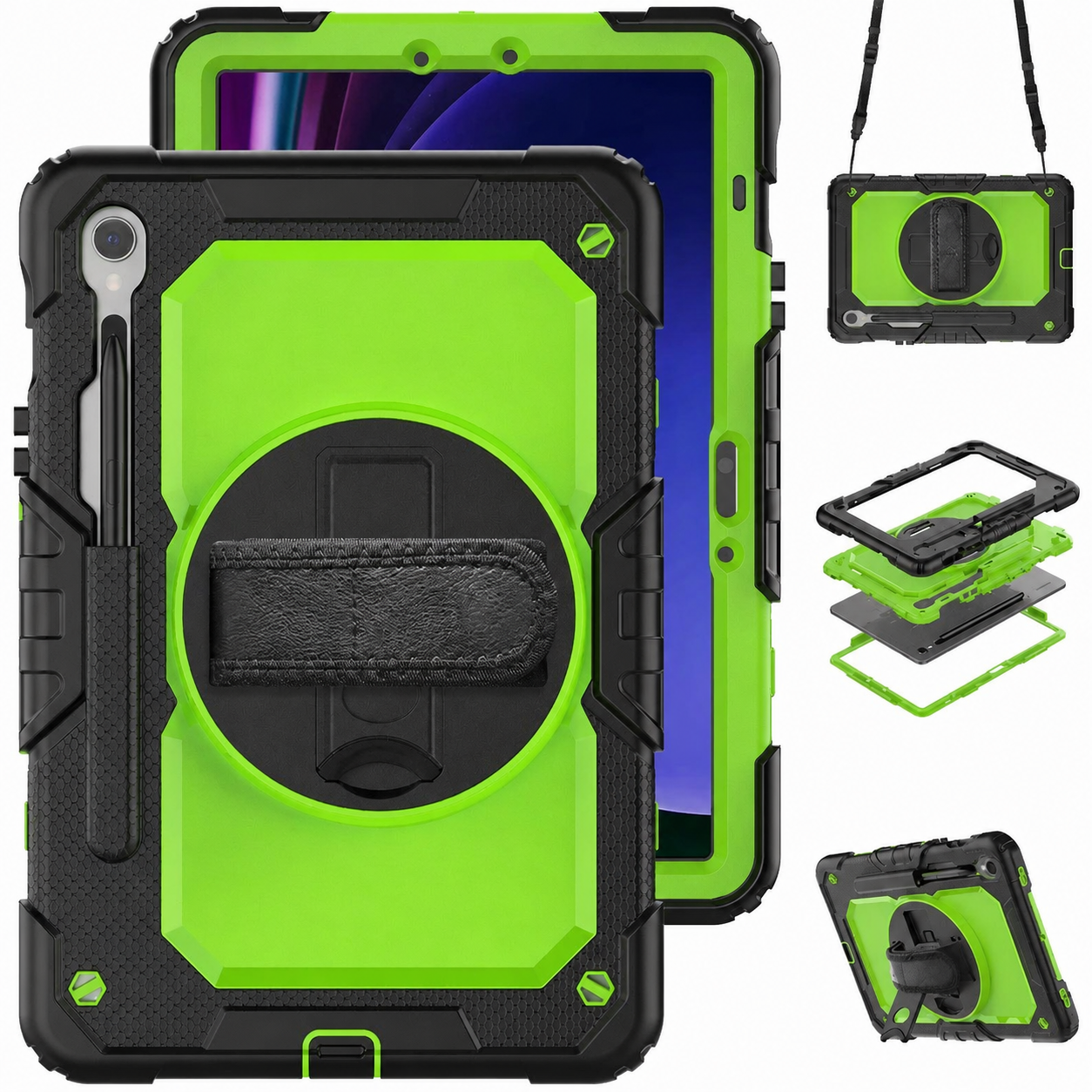 RhinoGuard Bastion 360 Max Galaxy Tab case in Black and Green with strap, layered construction and kickstand views