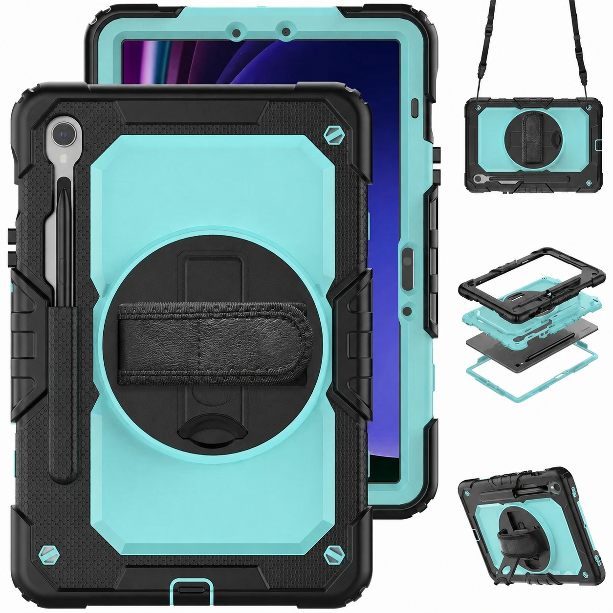 RhinoGuard Bastion 360 Max Galaxy Tab case in Black and Light Blue with strap, layered construction and kickstand views