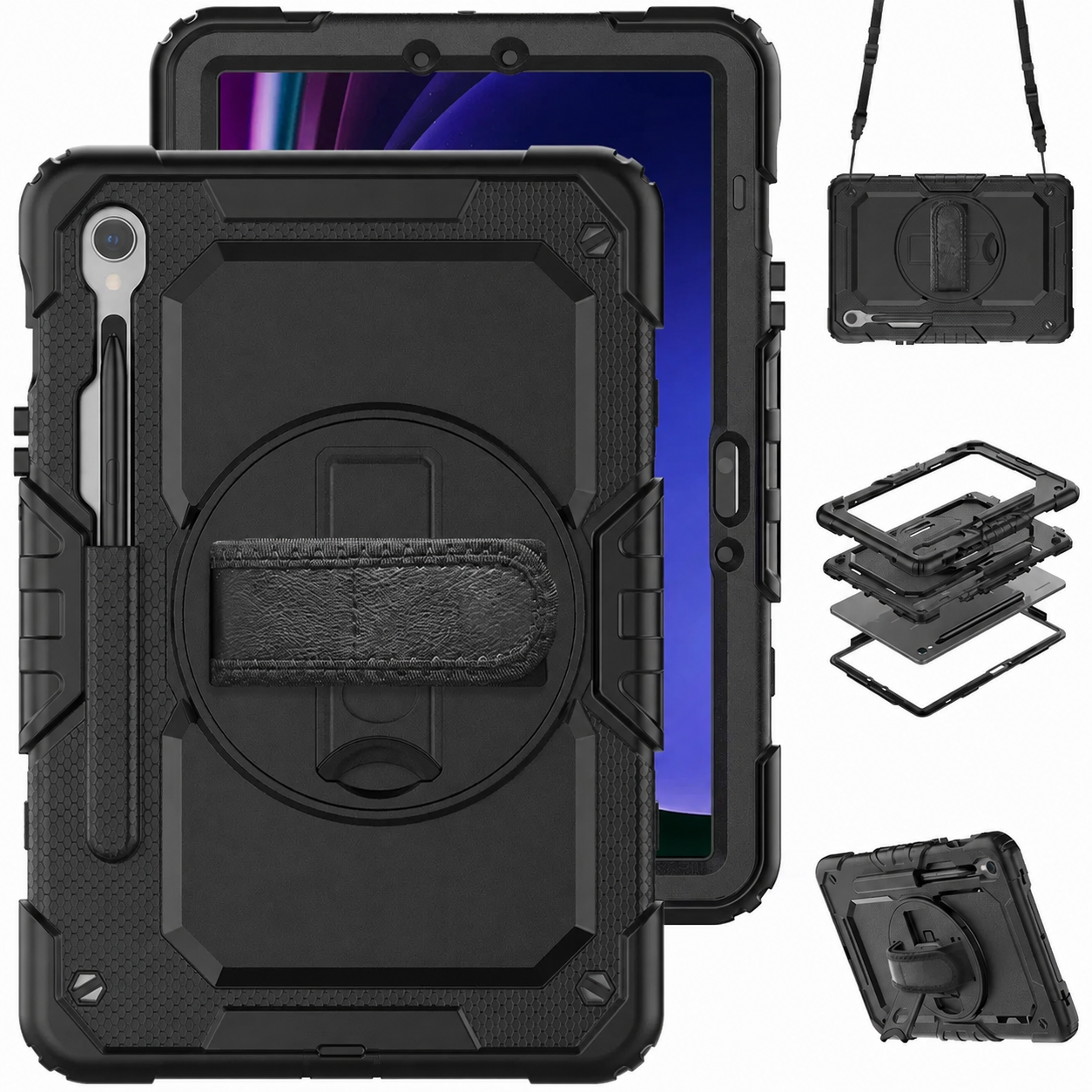 RhinoGuard Bastion 360 Max Galaxy Tab case in Black with strap, layered construction and kickstand views