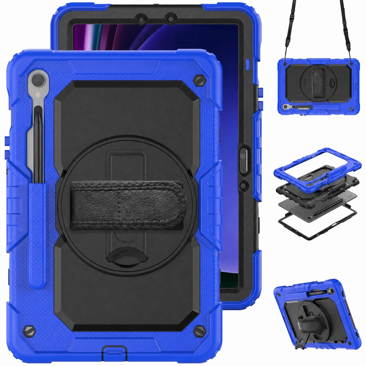 RhinoGuard Bastion 360 Max Galaxy Tab case in Dark Blue with strap, layered construction and kickstand views
