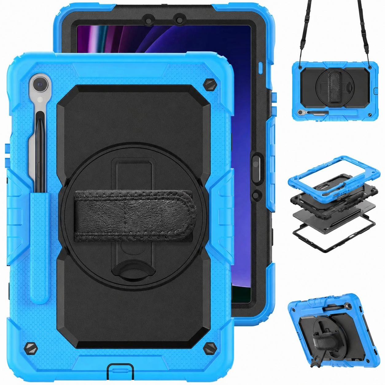 RhinoGuard Bastion 360 Max Galaxy Tab case in Light Blue with strap, layered construction and kickstand views
