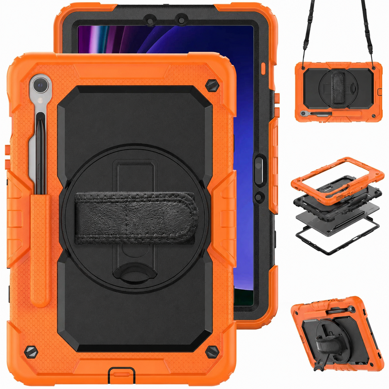 RhinoGuard Bastion 360 Max Galaxy Tab case in Orange with strap, layered construction and kickstand views