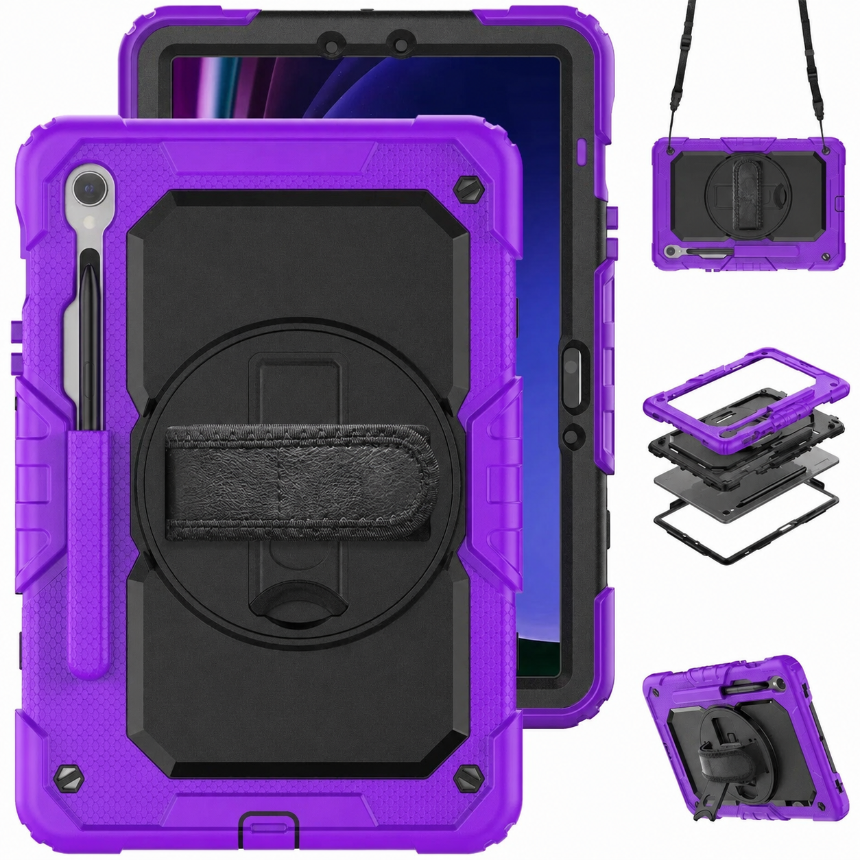 RhinoGuard Bastion 360 Max Galaxy Tab case in Purple with strap, layered construction and kickstand views