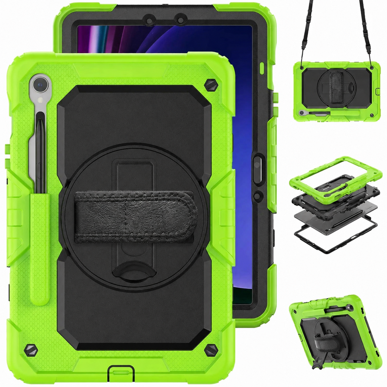 RhinoGuard Bastion 360 Max Galaxy Tab case in Yellow Green with strap, layered construction and kickstand views
