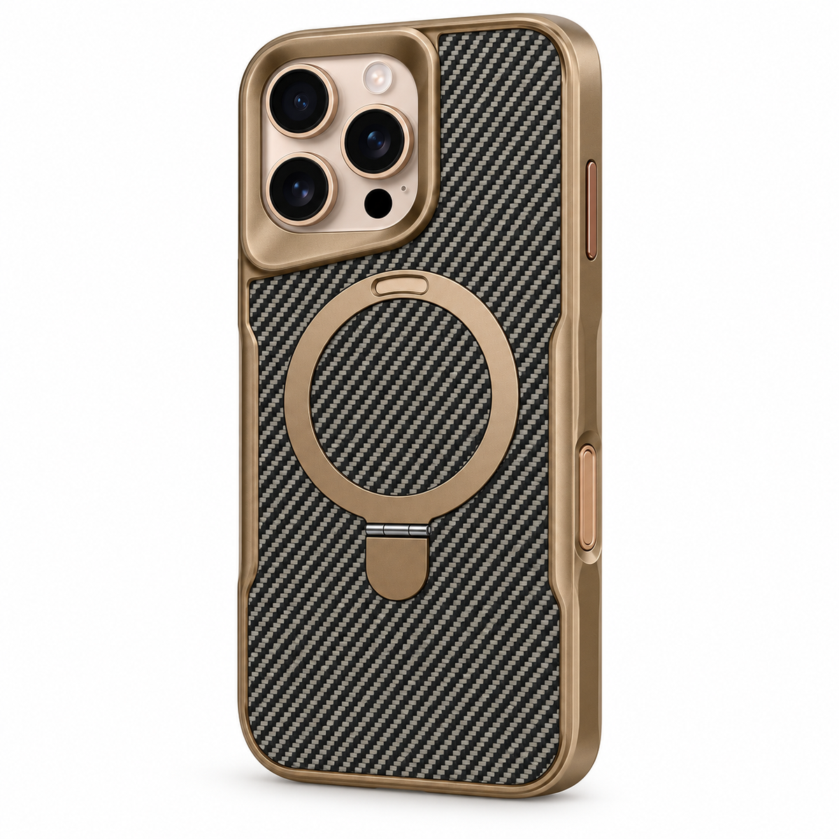 RhinoGuard CarbonPivot Magnetic RingStand Case in Gold on a white background