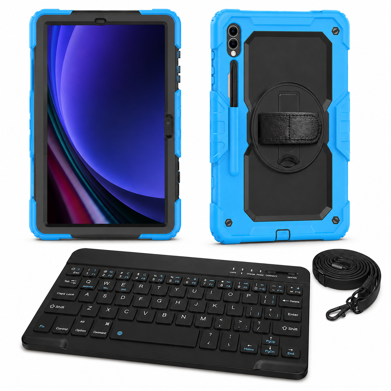 RhinoGuard Galaxy WorkForce 360° 3-Layer bundle in Black / Sky Blue with included RhinoKeys Pro Black 10-inch wireless keyboard