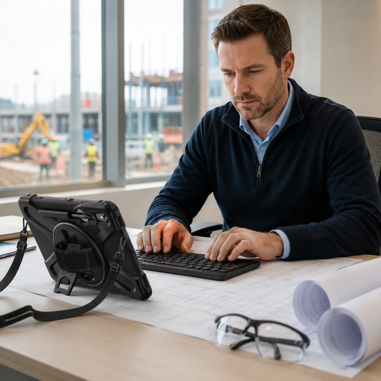 Construction project manager using a RhinoGuard Galaxy WorkForce case and RhinoKeys Pro keyboard at a site office