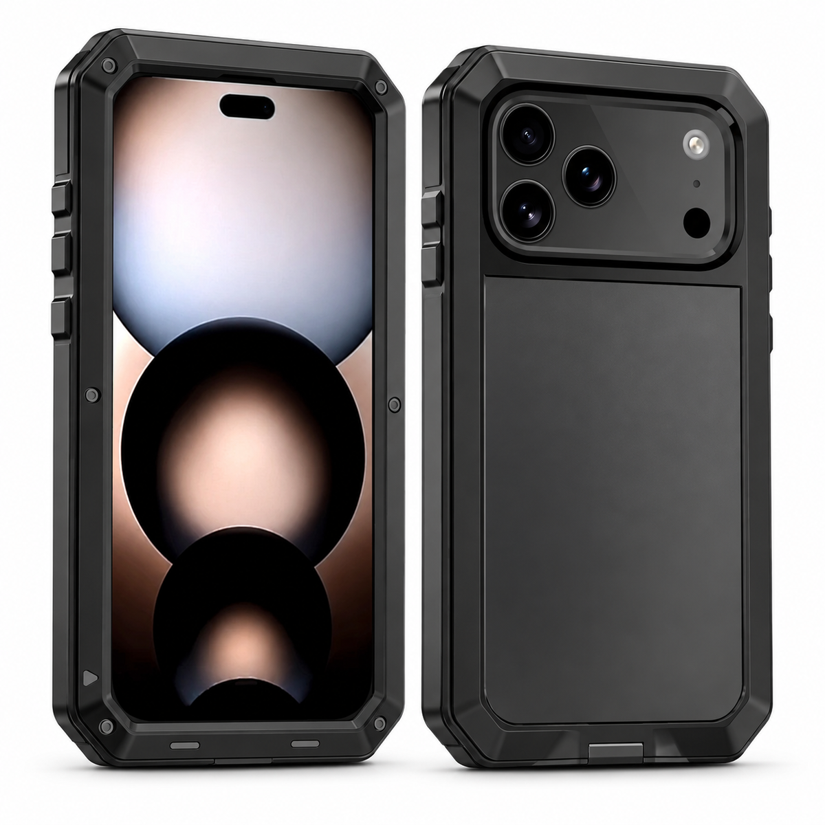 RhinoGuard Ironclad 360 aluminum armor iPhone case in Black, front and rear views on white