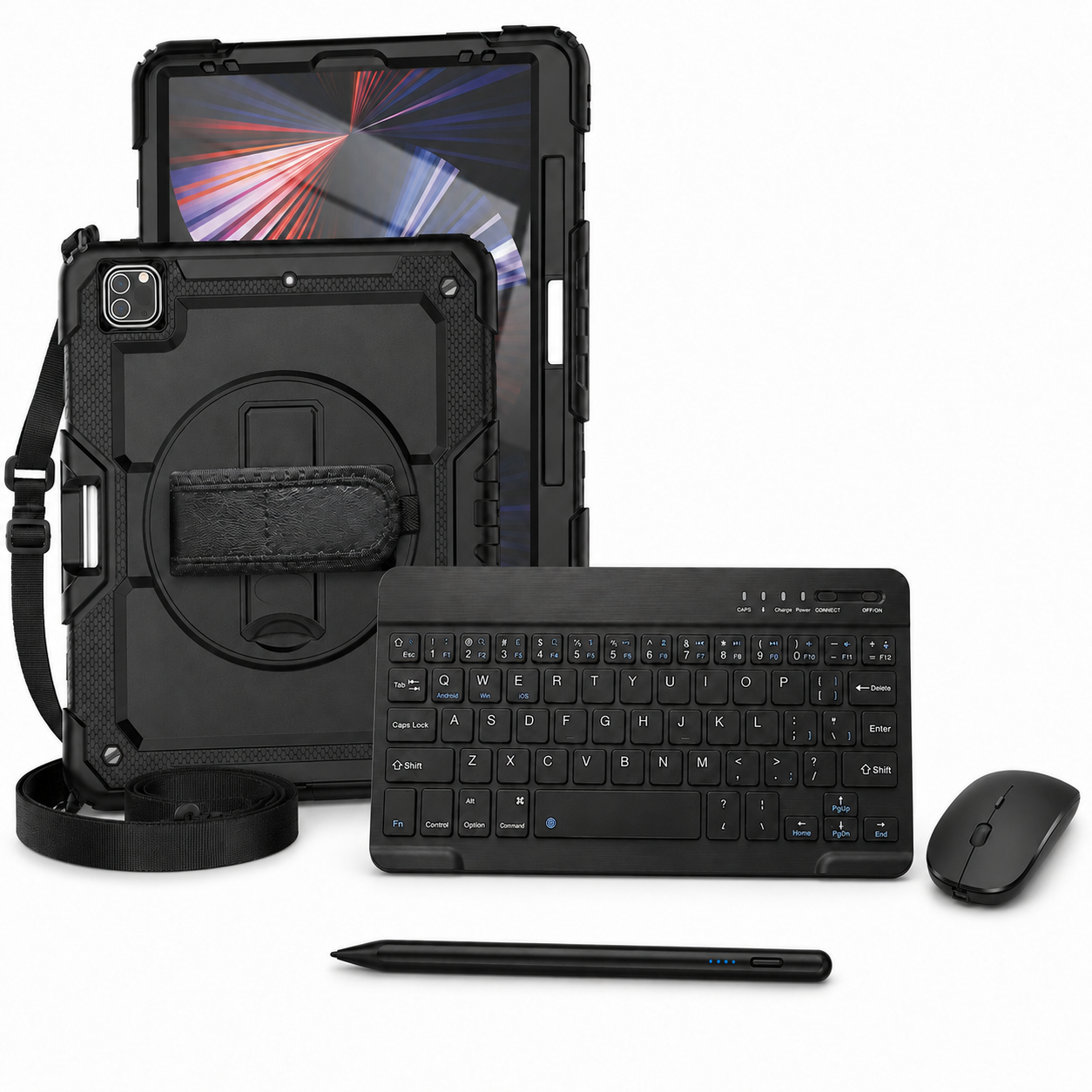 RhinoGuard Pro WorkForce Complete Black iPad case bundle with 10-inch wireless keyboard, mouse and universal touchscreen stylus
