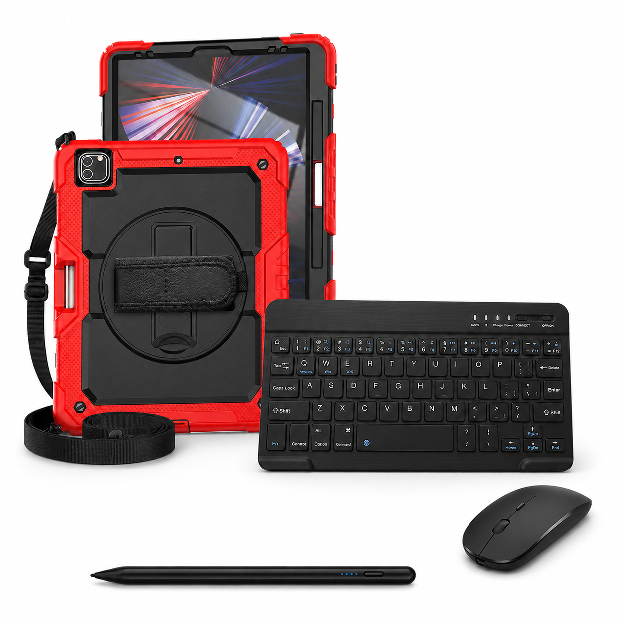 RhinoGuard Pro WorkForce Complete Black / Red iPad case bundle with 10-inch wireless keyboard, mouse and universal touchscreen stylus