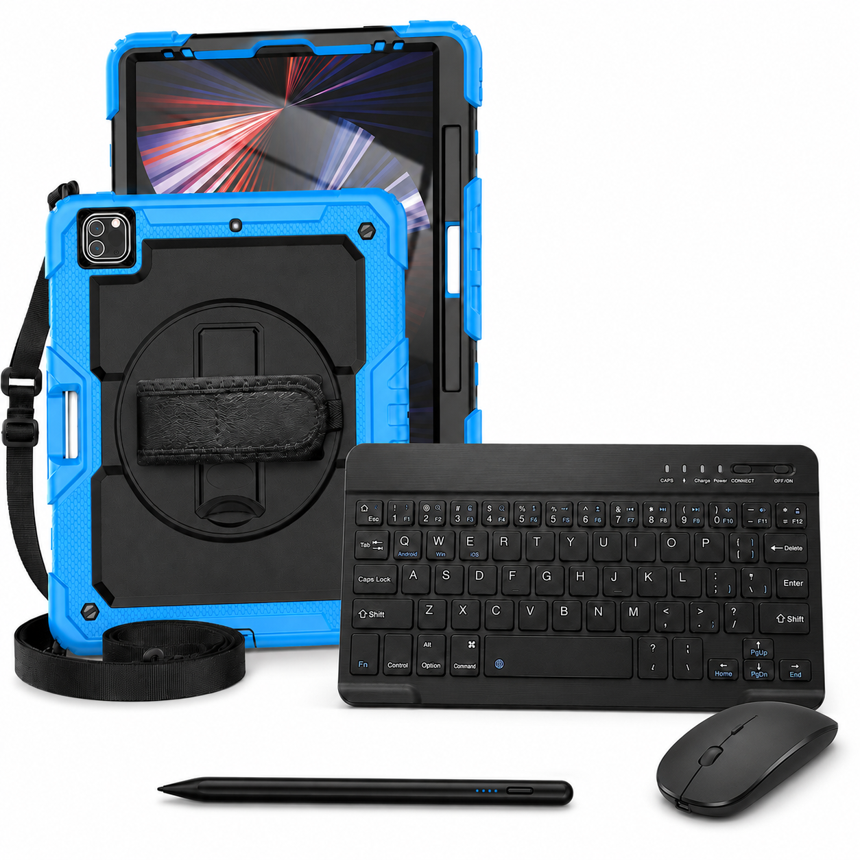 RhinoGuard Pro WorkForce Complete Black / Sky Blue iPad case bundle with 10-inch wireless keyboard, mouse and universal touchscreen stylus