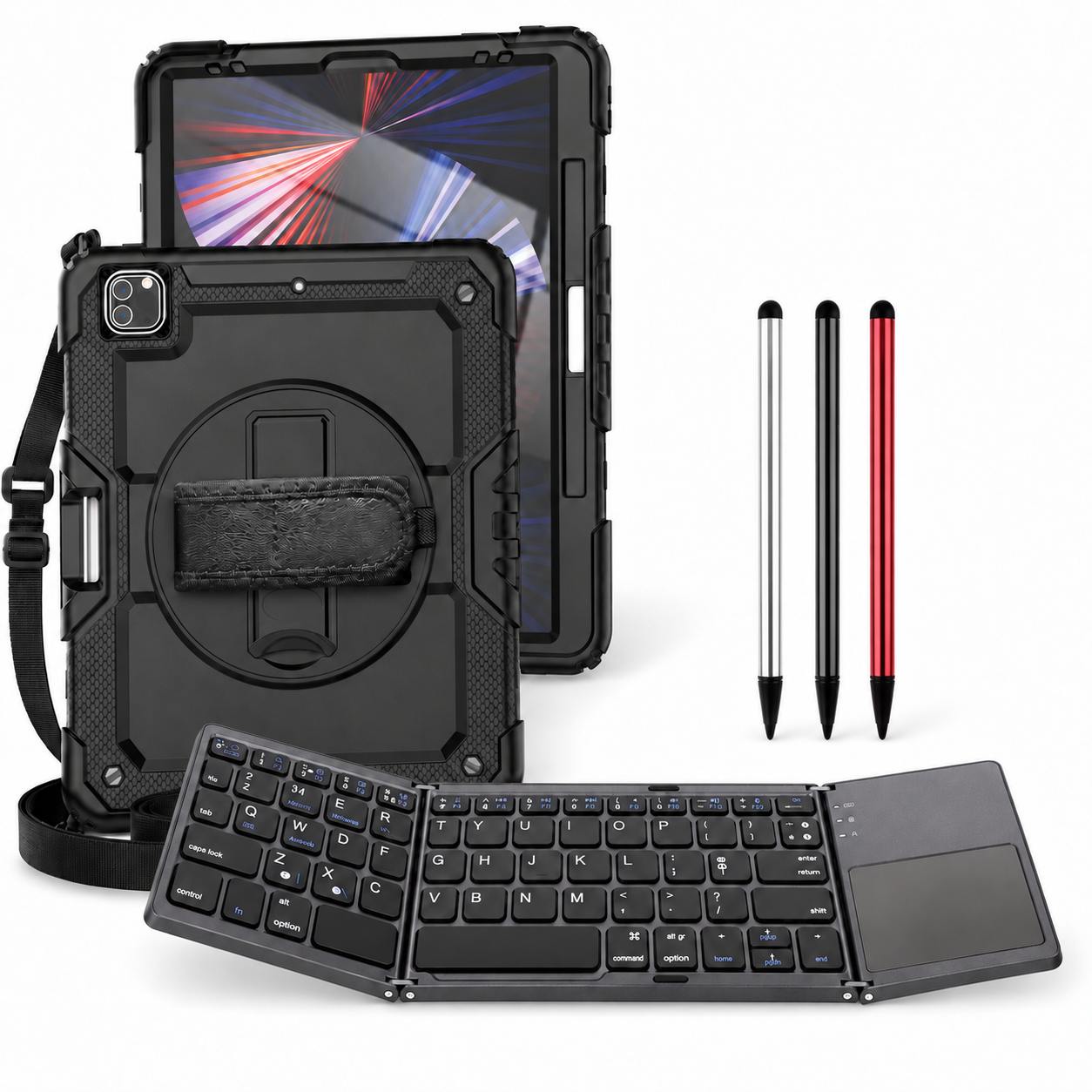 RhinoGuard Pro WorkForce Fold: Black iPad case, black folding keyboard and black, silver and red stylus 3-pack