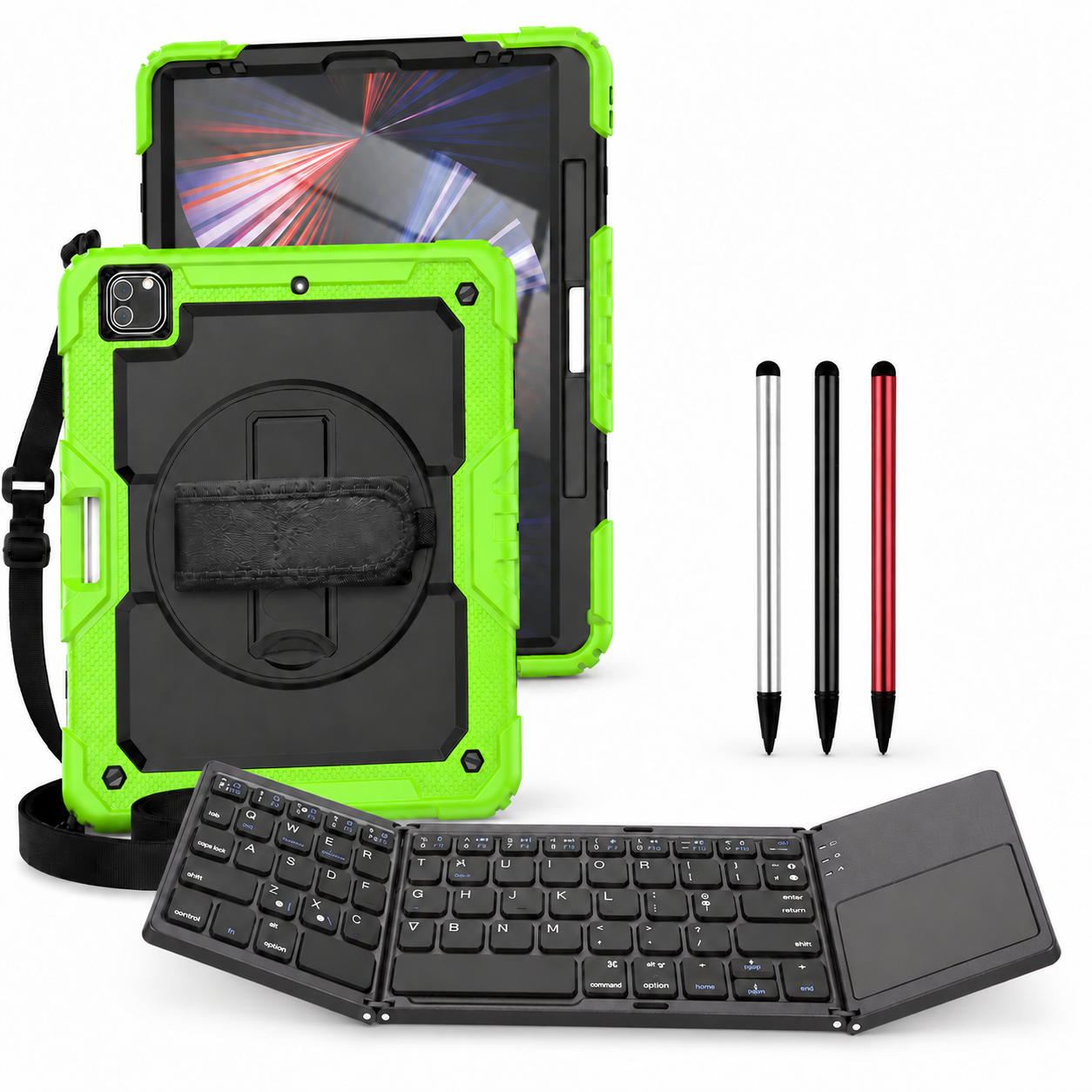RhinoGuard Pro WorkForce Fold: Black / Neon Green iPad case, black folding keyboard and black, silver and red stylus 3-pack