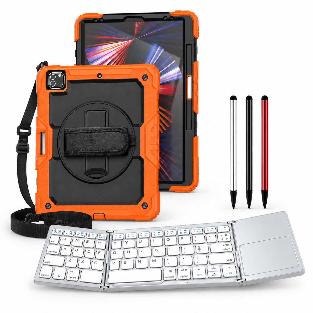 RhinoGuard Pro WorkForce Fold: Black / Orange iPad case, silver folding keyboard and black, silver and red stylus 3-pack