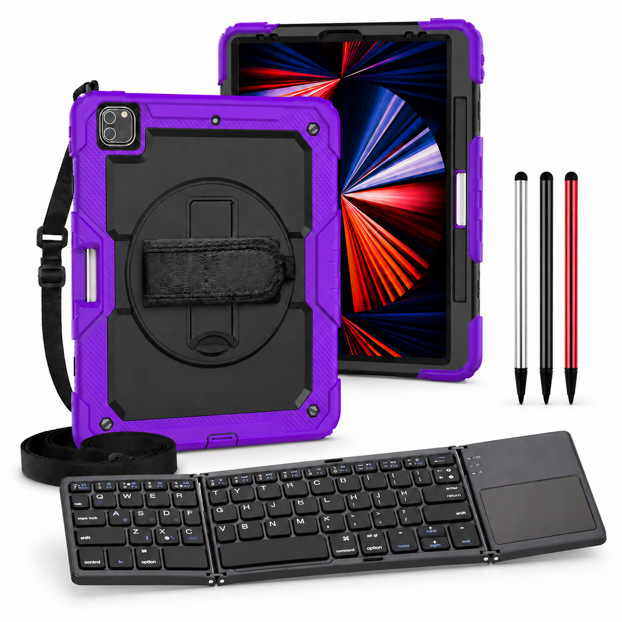 RhinoGuard Pro WorkForce Fold: Black / Purple iPad case, black folding keyboard and black, silver and red stylus 3-pack