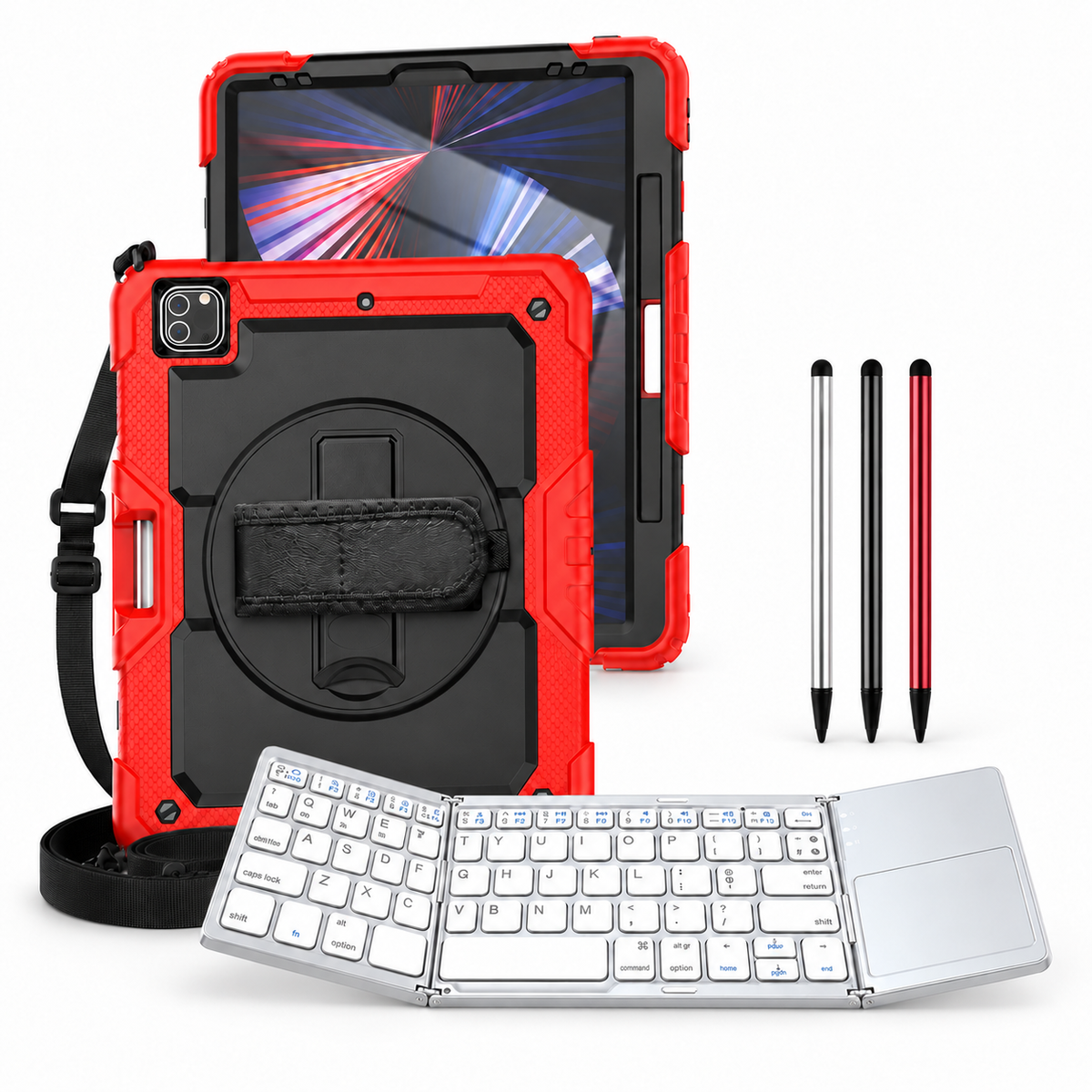 RhinoGuard Pro WorkForce Fold: Black / Red iPad case, silver folding keyboard and black, silver and red stylus 3-pack