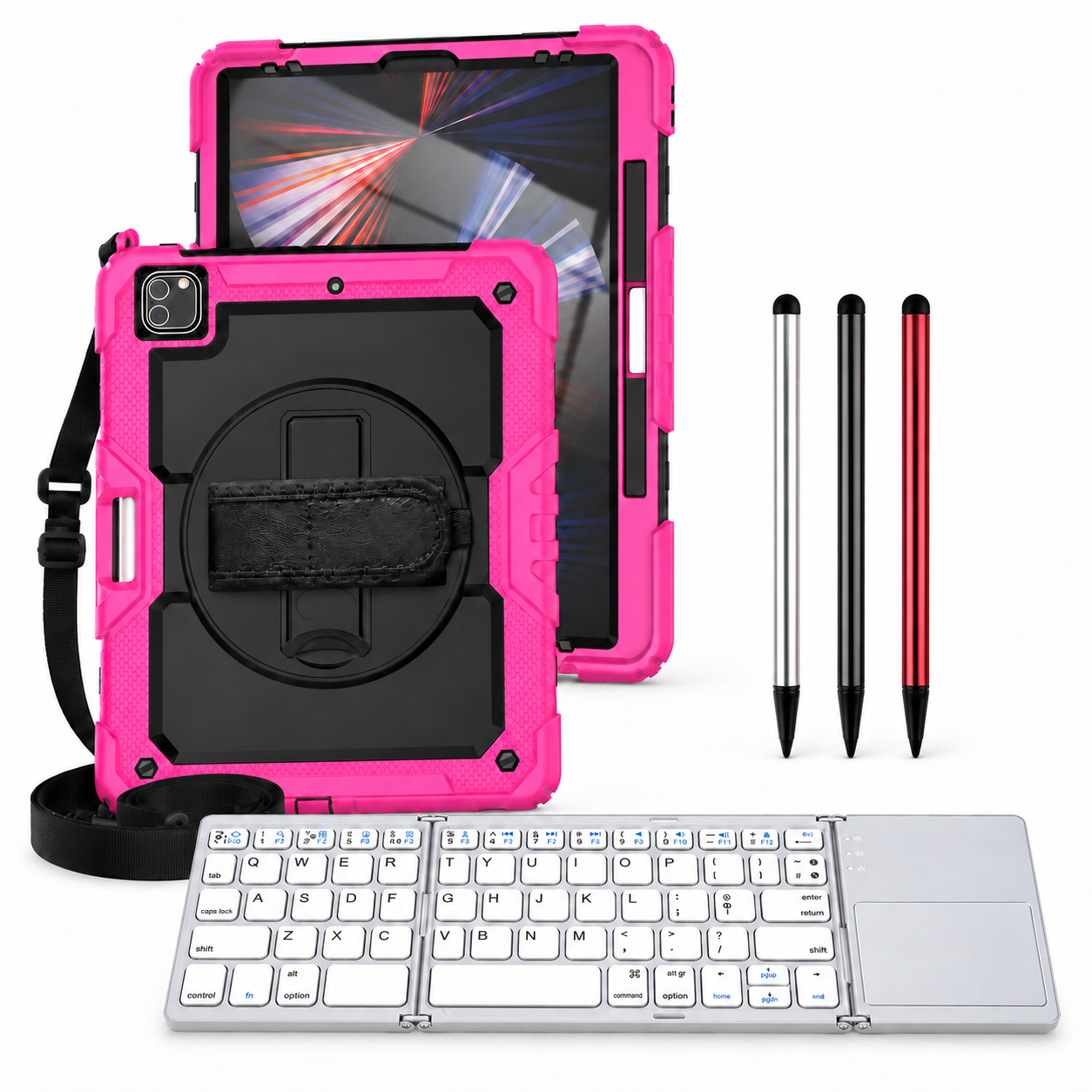 RhinoGuard Pro WorkForce Fold: Black / Rose Pink iPad case, silver folding keyboard and black, silver and red stylus 3-pack