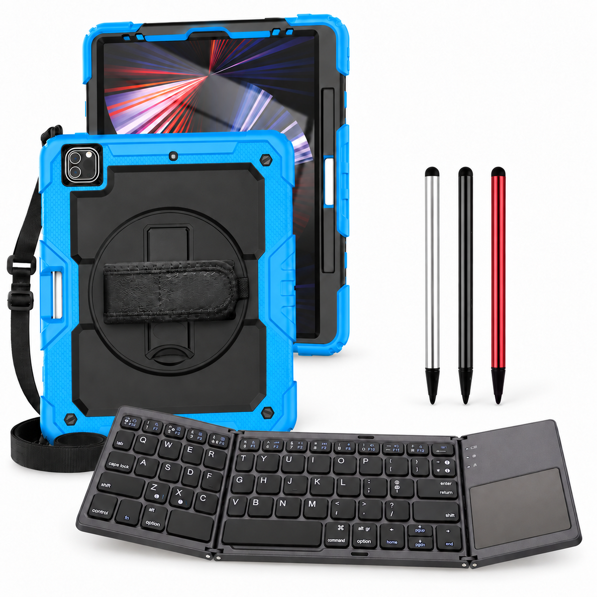 RhinoGuard Pro WorkForce Fold: Black / Sky Blue iPad case, black folding keyboard and black, silver and red stylus 3-pack