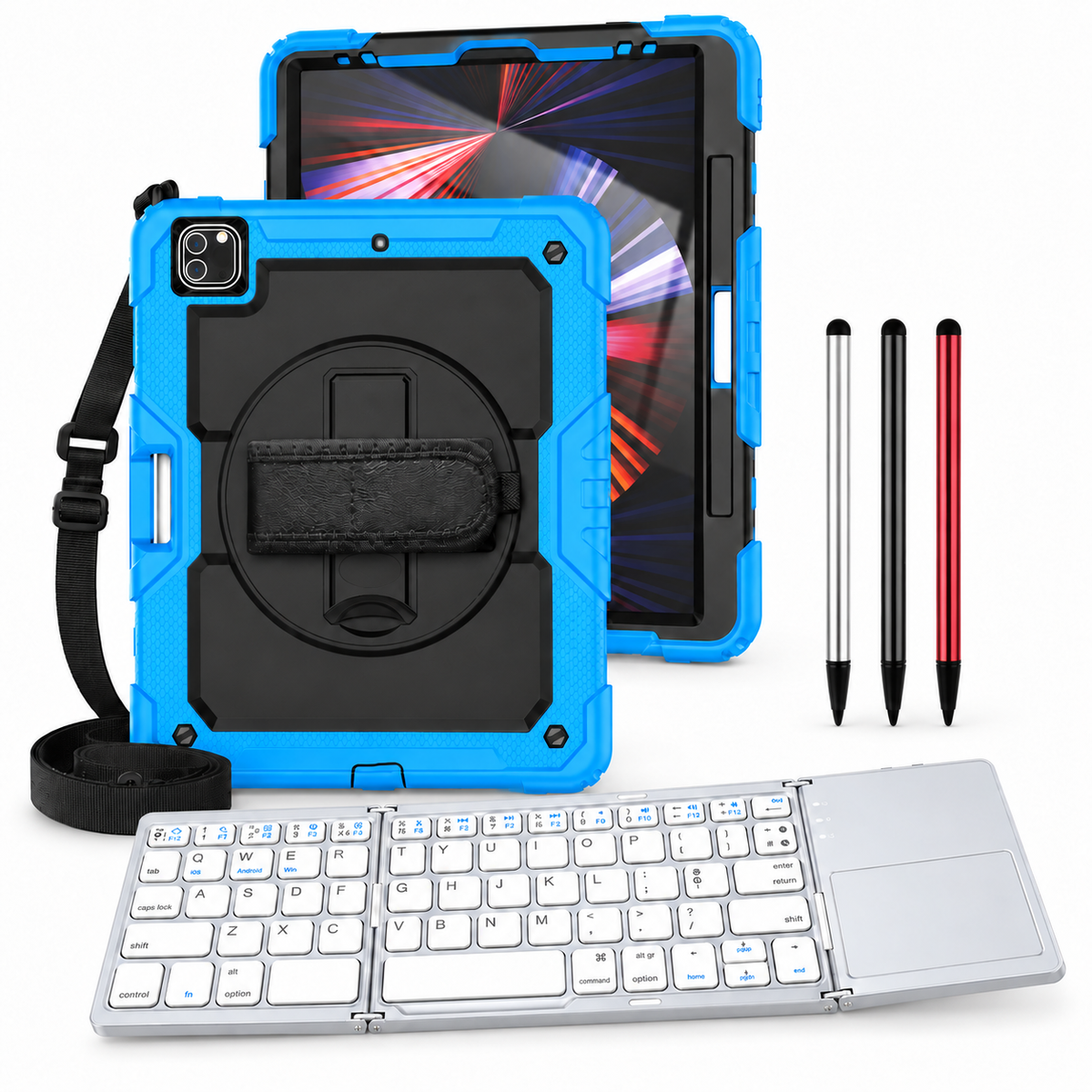 RhinoGuard Pro WorkForce Fold: Black / Sky Blue iPad case, silver folding keyboard and black, silver and red stylus 3-pack