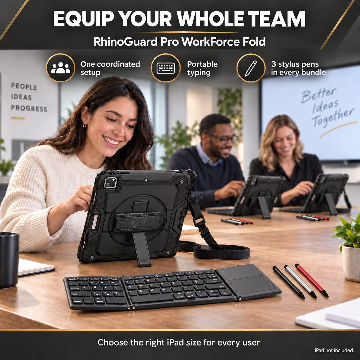 RhinoGuard Pro WorkForce Fold bulk team with folding keyboard and black, silver and red stylus 3-pack