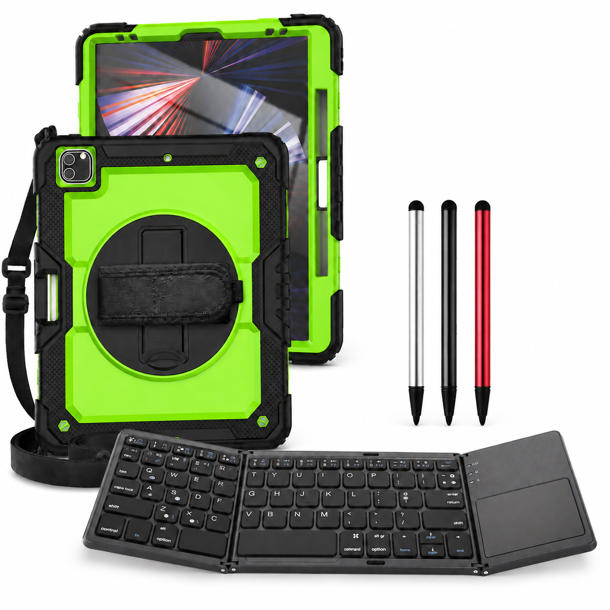 RhinoGuard Pro WorkForce Fold: Neon Green / Black iPad case, black folding keyboard and black, silver and red stylus 3-pack