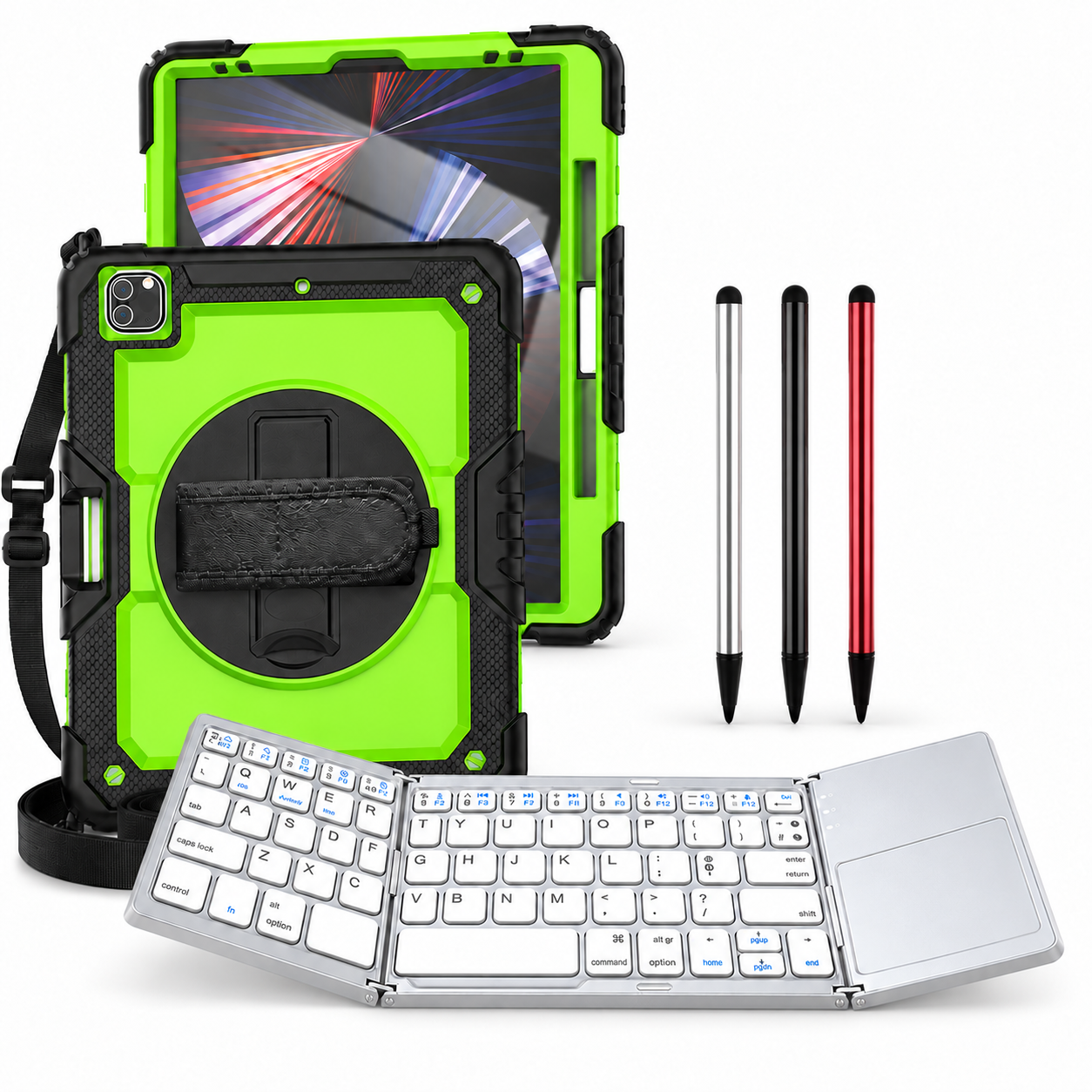 RhinoGuard Pro WorkForce Fold: Neon Green / Black iPad case, silver folding keyboard and black, silver and red stylus 3-pack