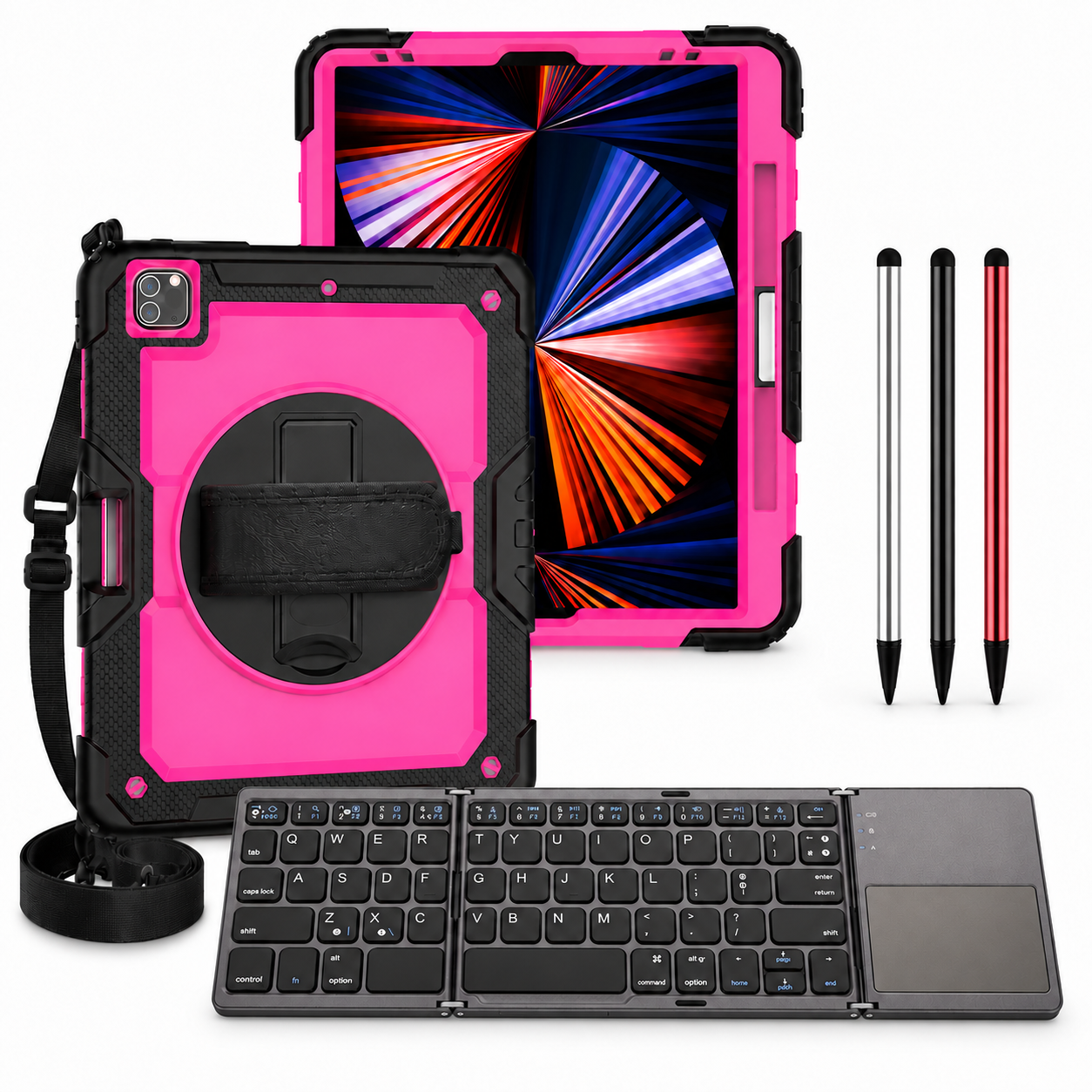 RhinoGuard Pro WorkForce Fold: Rose Pink / Black iPad case, black folding keyboard and black, silver and red stylus 3-pack