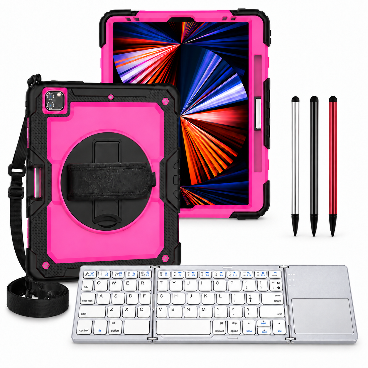 RhinoGuard Pro WorkForce Fold: Rose Pink / Black iPad case, silver folding keyboard and black, silver and red stylus 3-pack