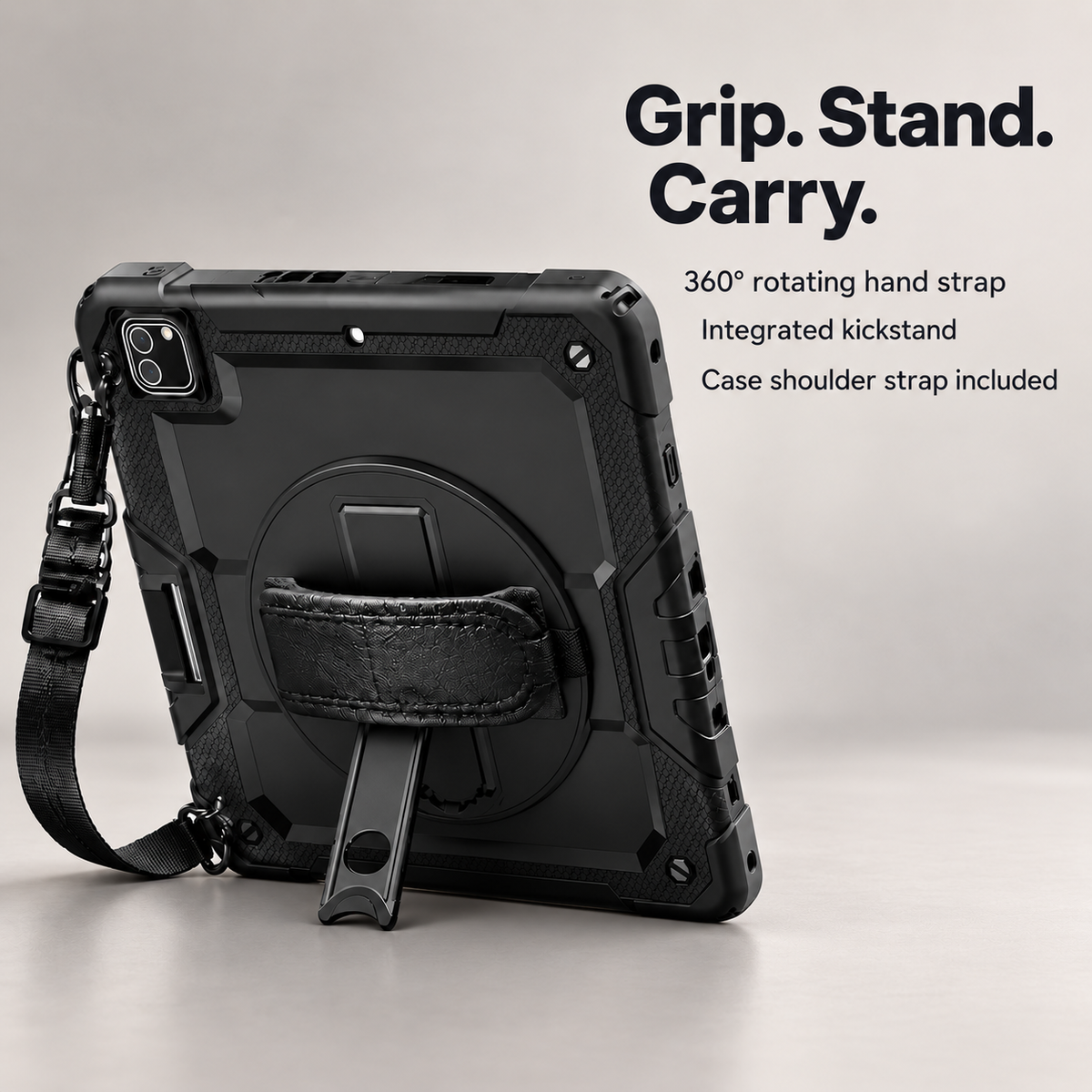Rear view of the black RhinoGuard Pro case showing its rotating hand strap, single integrated kickstand and included case shoulder strap