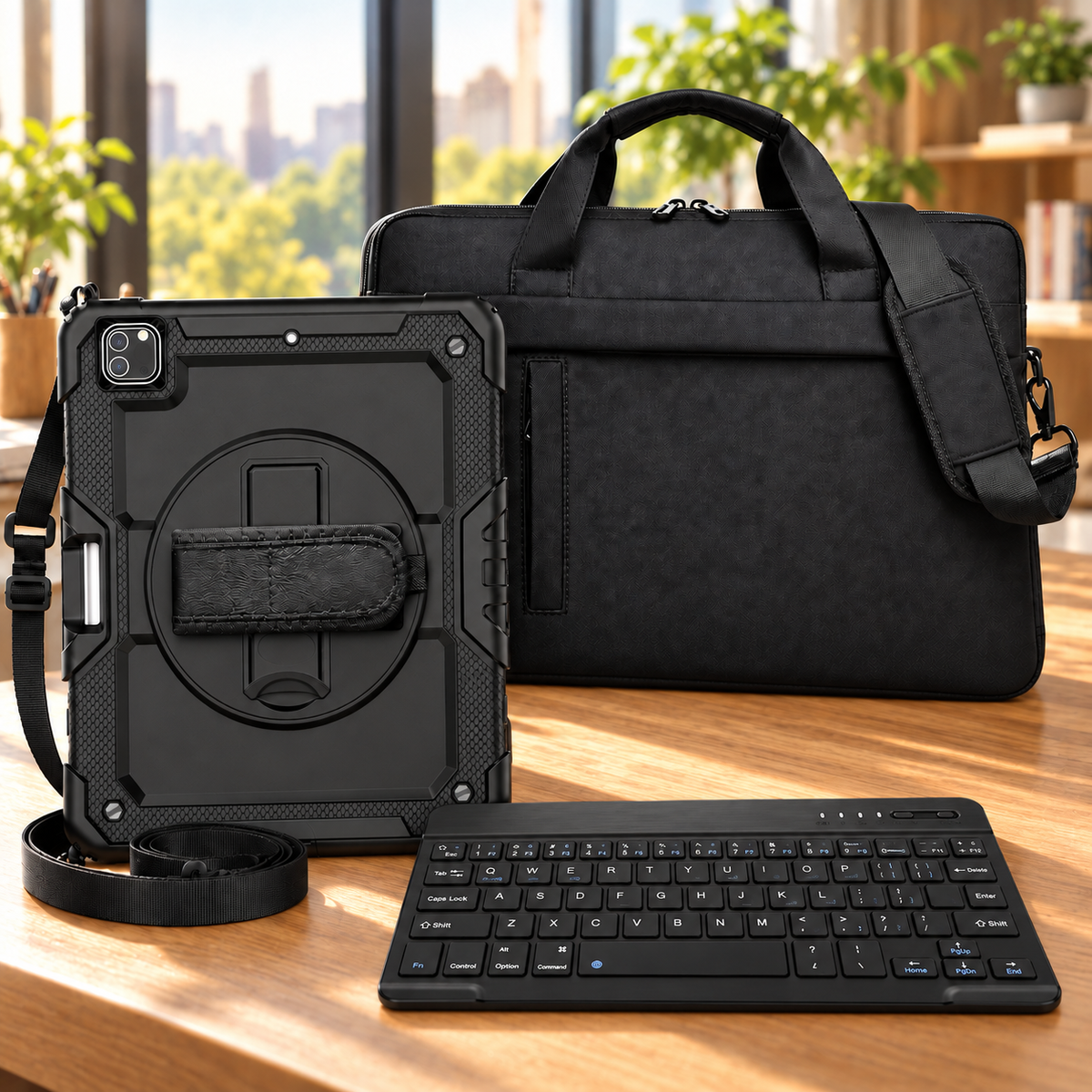 Black RhinoGuard Pro case with rotating hand strap, separate non-backlit keyboard and closed WorkForce Transit carry bag on a sunlit office desk