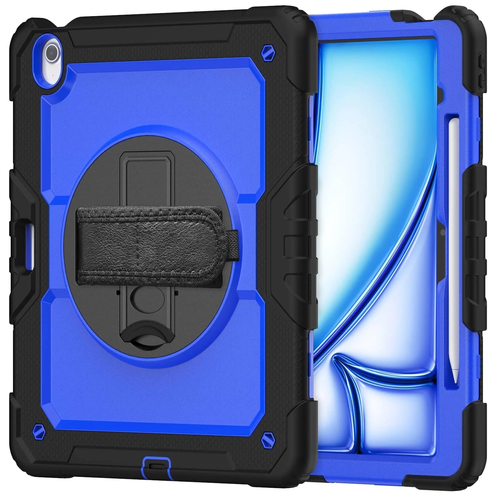 RhinoGuard Rugged Pro Spectrum 360° iPad case in Cobalt Blue — exact front and rear product views with rotating hand strap and pencil holder