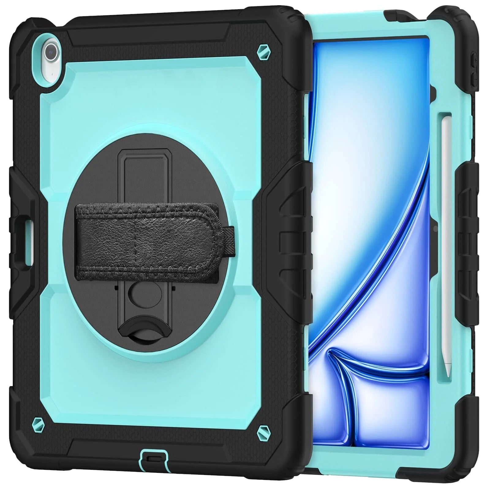 RhinoGuard Rugged Pro Spectrum 360° iPad case in Glacier Blue — exact front and rear product views with rotating hand strap and pencil holder