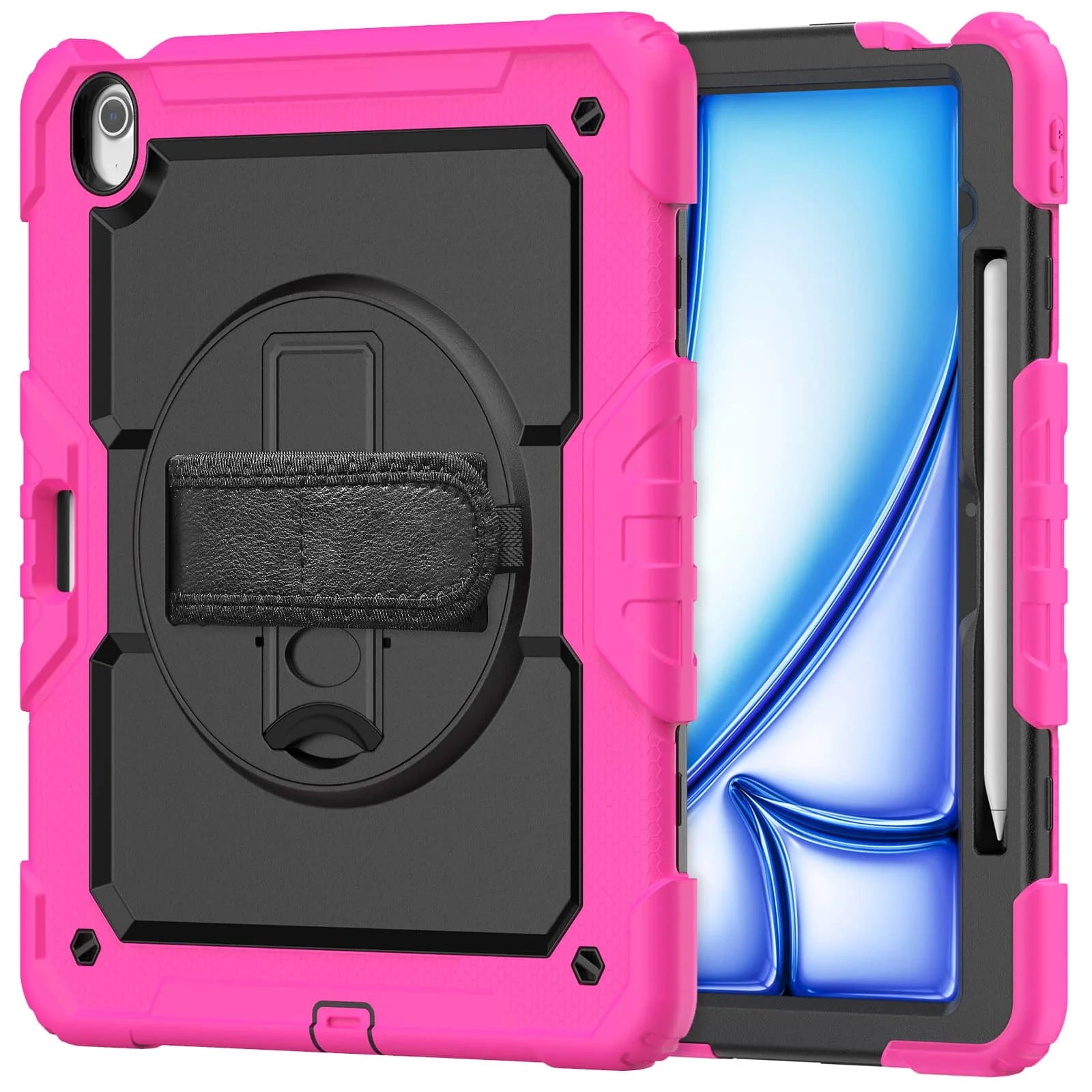 RhinoGuard Rugged Pro Spectrum 360° iPad case in Magenta Rose — exact front and rear product views with rotating hand strap and pencil holder