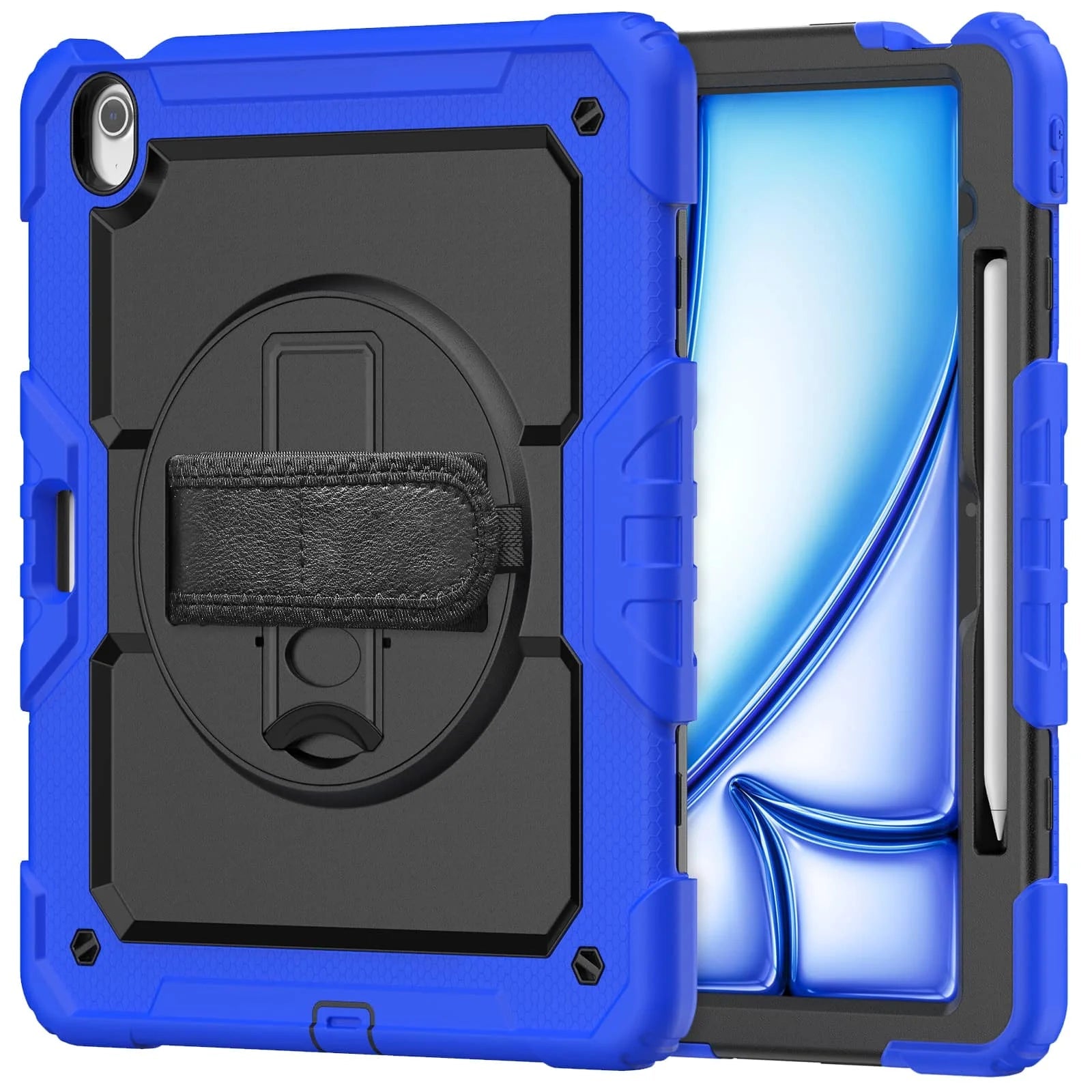 RhinoGuard Rugged Pro Spectrum 360° iPad case in Midnight Navy — exact front and rear product views with rotating hand strap and pencil holder