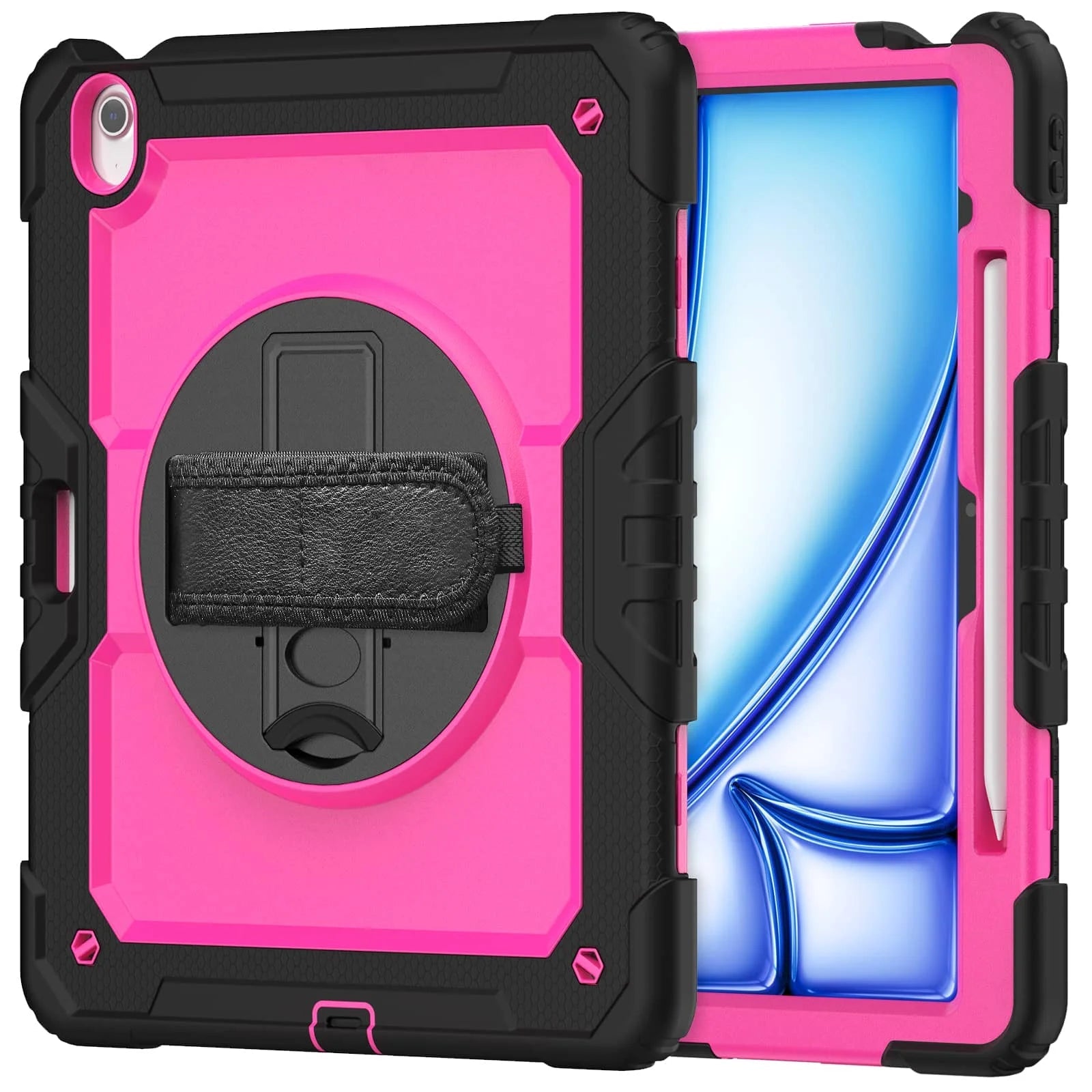 RhinoGuard Rugged Pro Spectrum 360° iPad case in Vivid Rose — exact front and rear product views with rotating hand strap and pencil holder