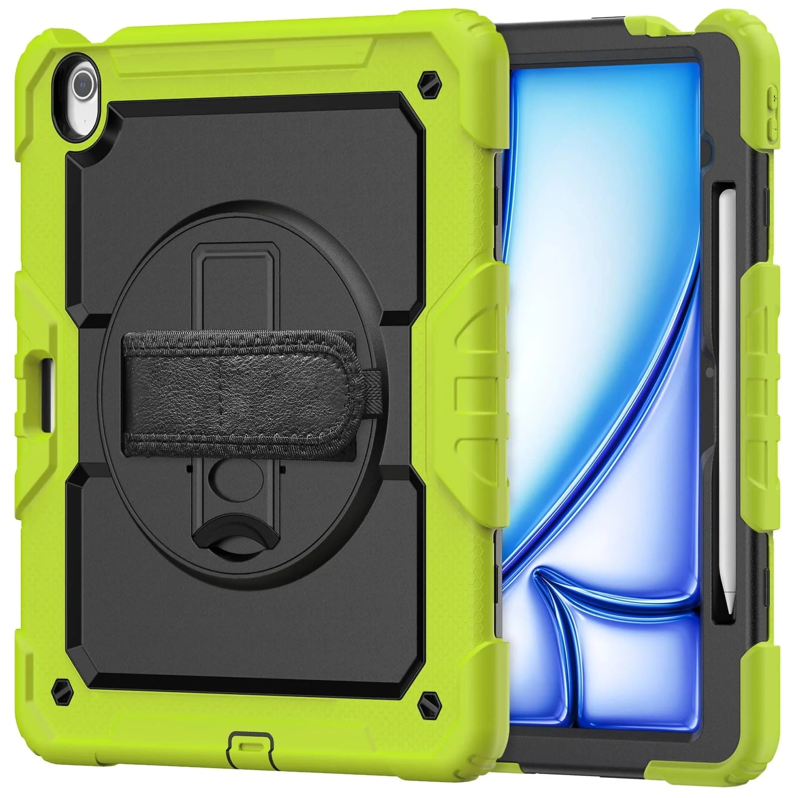 RhinoGuard Rugged Pro Spectrum 360° iPad case in Volt Lime — exact front and rear product views with rotating hand strap and pencil holder