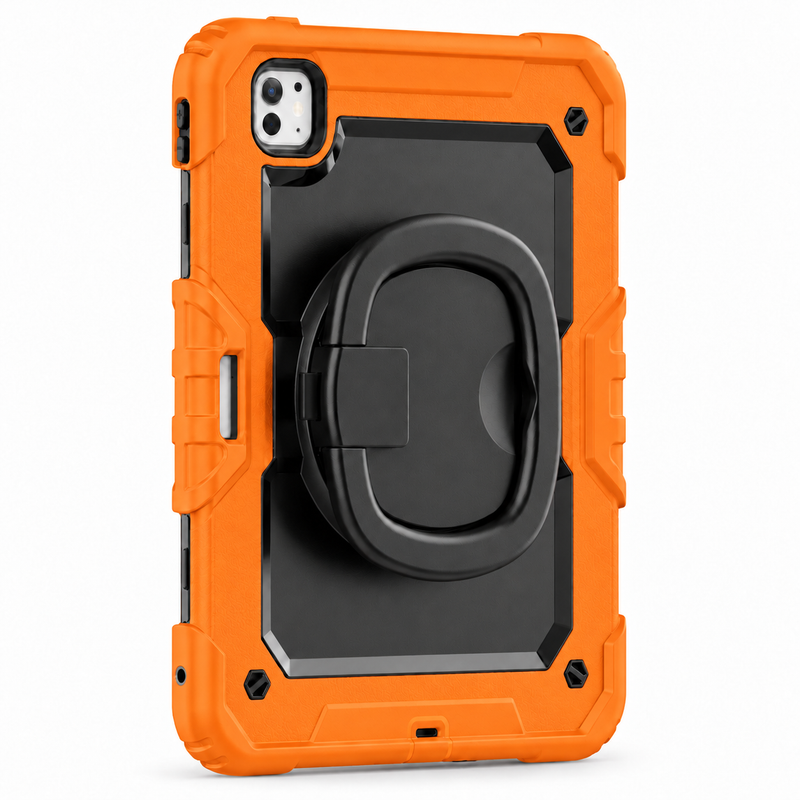 RhinoGuard Traverse 360 case orange; black ring handle. Model-specific camera cutouts vary.
