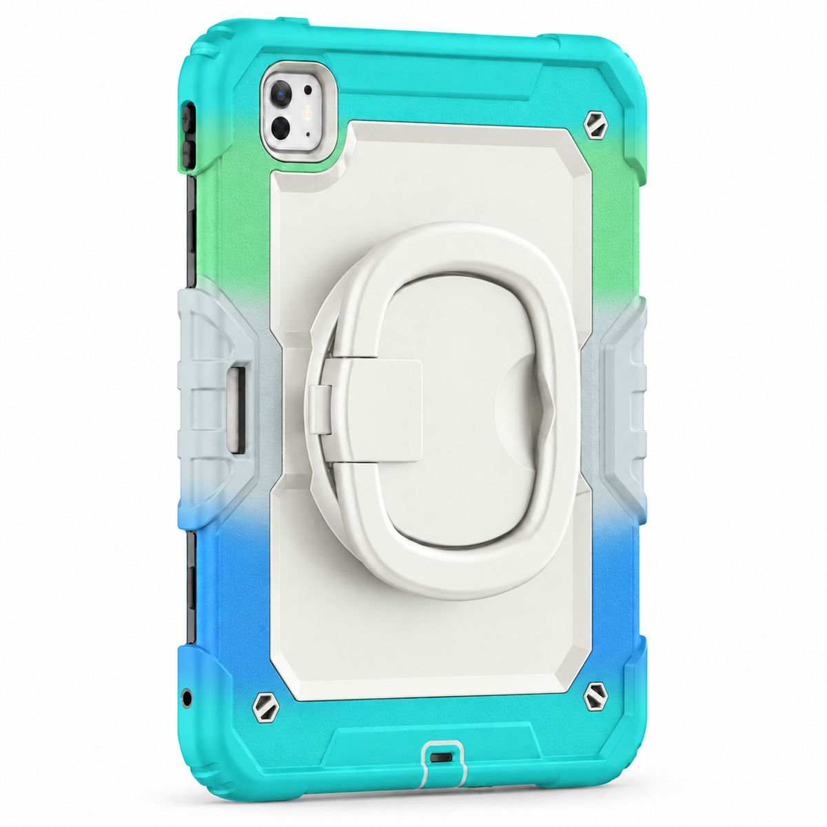 RhinoGuard Traverse 360 case rainbow blue; white ring handle. Model-specific camera cutouts vary.