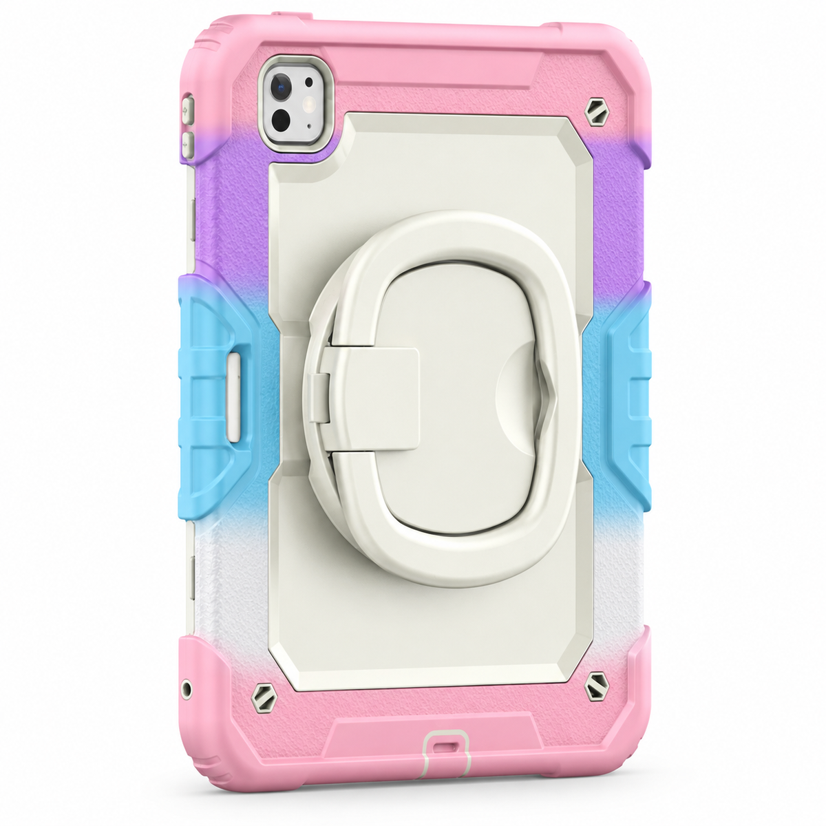RhinoGuard Traverse 360 case rainbow pink; white ring handle. Model-specific camera cutouts vary.