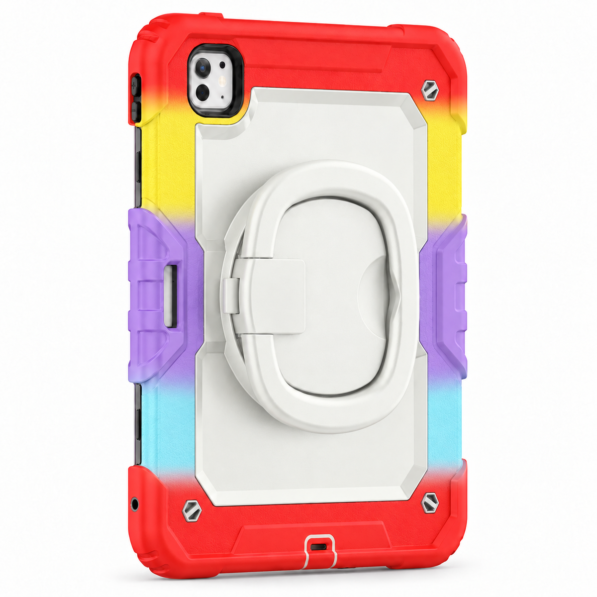 RhinoGuard Traverse 360 case rainbow red; white ring handle. Model-specific camera cutouts vary.