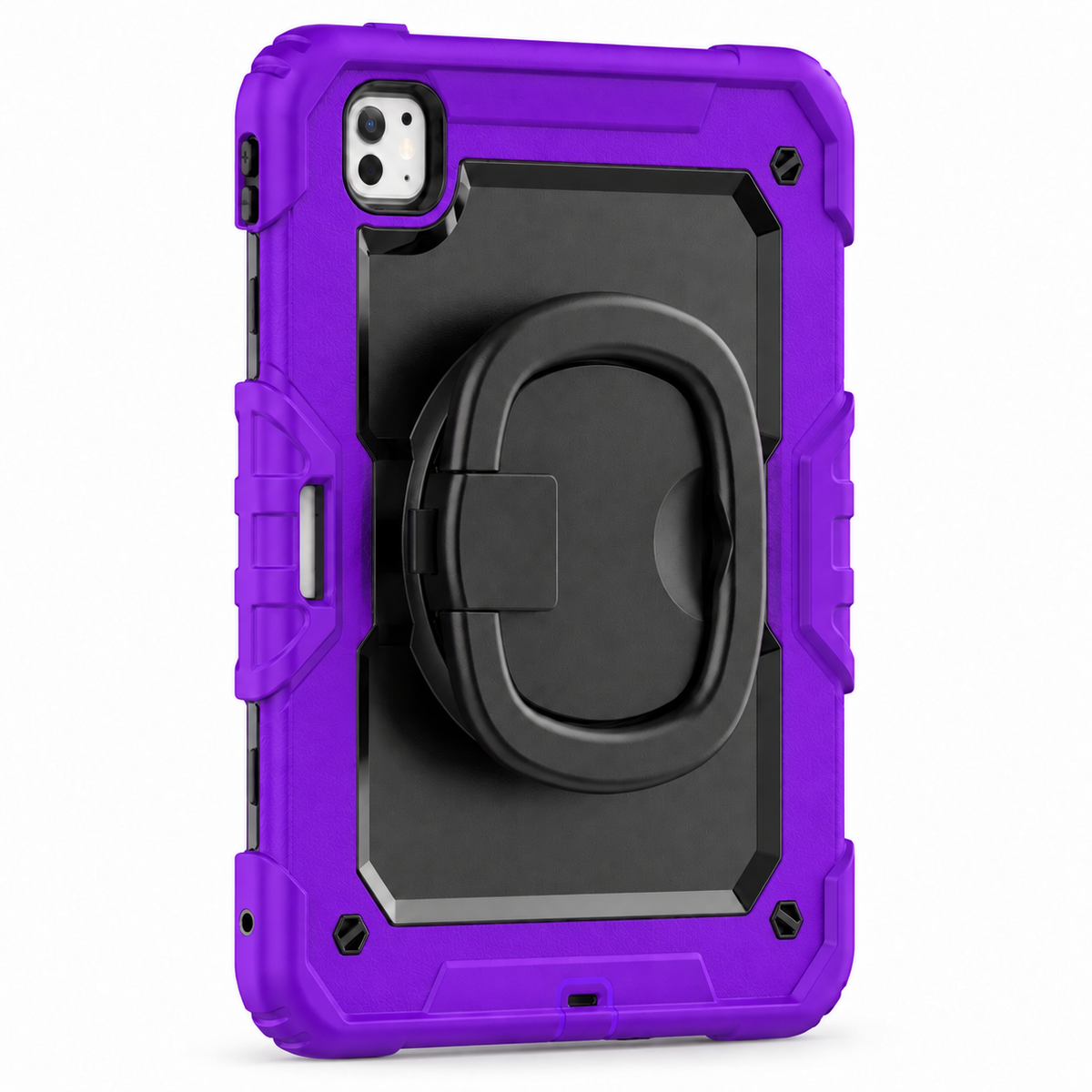 RhinoGuard Traverse 360 Purple case with black ring handle, rear view; camera cutouts vary by selected iPad model.