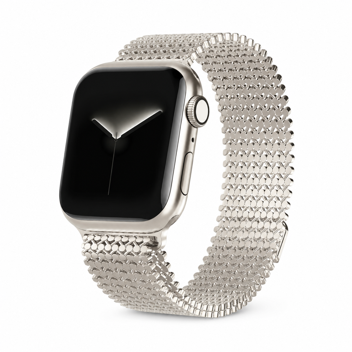Starlight SteelFlex magnetic link band for Apple Watch on white