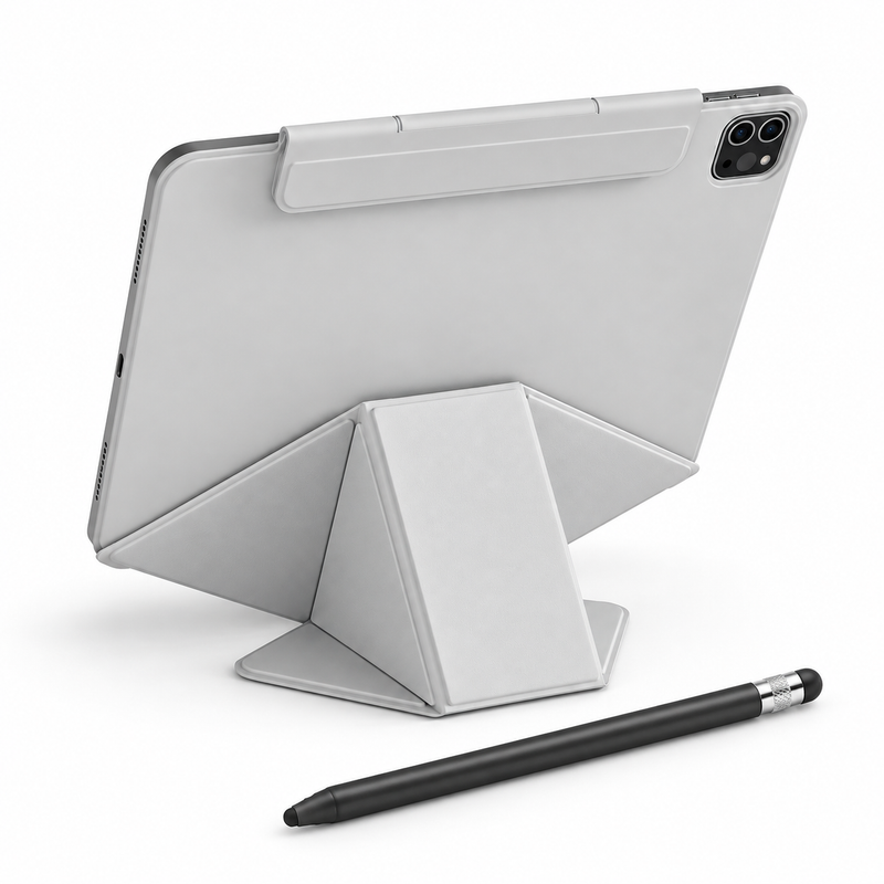 FormaLift Studio Create — iPad Case + Stylus Bundle, Grey; all included bundle items on white. Representative iPad fit; tablet not included.