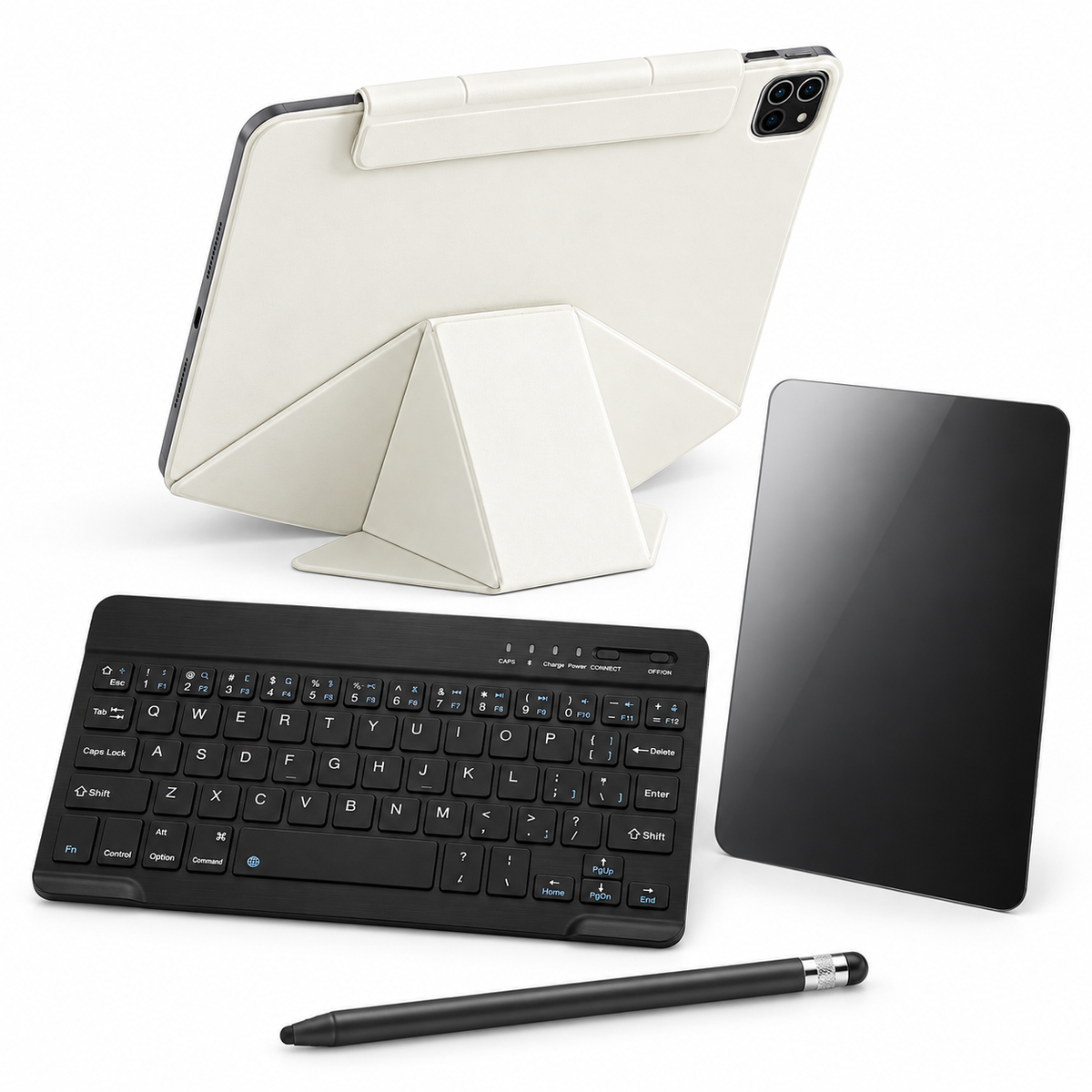 FormaLift Studio Complete — iPad Case + Keyboard, Stylus, Privacy Glass Bundle, Cream White; all included bundle items on white. Representative iPad fit; tablet not included.
