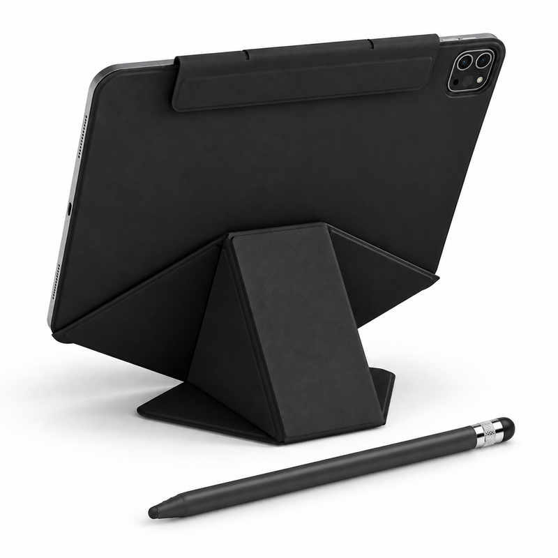 FormaLift Studio Create — iPad Case + Stylus Bundle, Black; all included bundle items on white. Representative iPad fit; tablet not included.