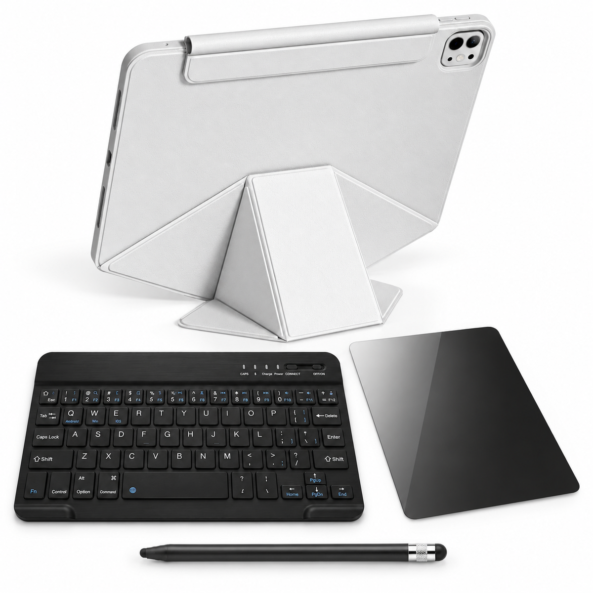 FormaLift Vista Complete — iPad Case + Keyboard, Stylus, Privacy Glass Bundle, Grey; all included bundle items on white. Representative iPad fit; tablet not included.